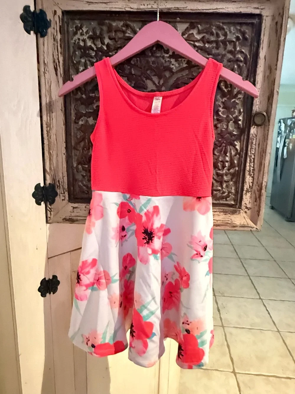 Justice Coral Tank Top with White Floral Skirt Dress